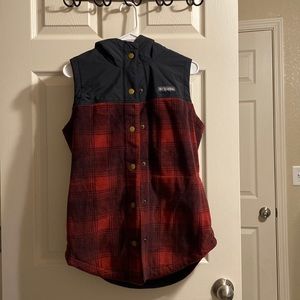 Red and Black Button Down Winter Vest With Hood